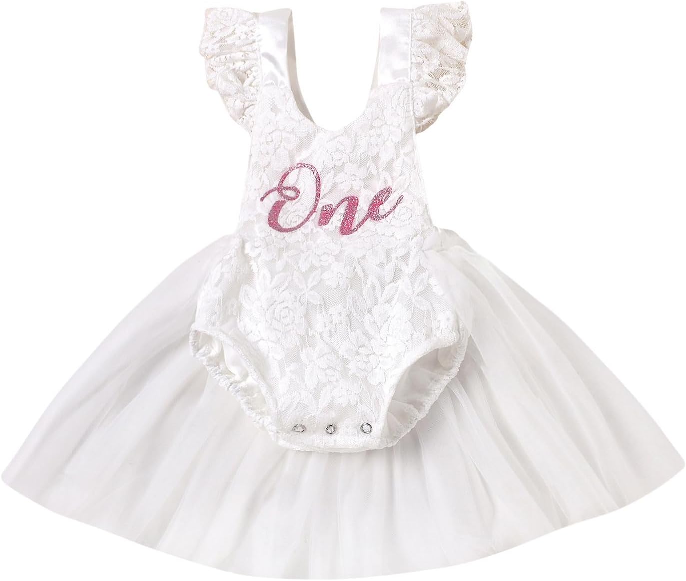 61NstrJ5YL._AC_SL1500_.jpg RWYBEYW Baby Girl first Birthday Outfit Ruffle Lace Romper Princess Tutu Dress Shiny ONE Cake Smash Photoshoot Party Outfit - Image 1