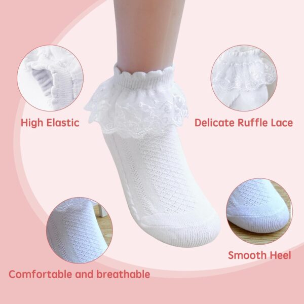 6 Pairs Girls Lace Socks,Baby Frilly Socks Ankle Socks,Children’s Frilly School Socks with Lace,White Ballet Ruffle Lace Socks - Image 3