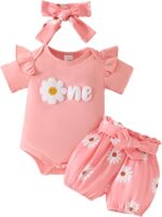 Oyolan Baby Girls Summer Clothes Short Sleeve Bodysuit and Floral Shorts Bloomers Headband Outfits