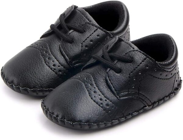 Newborn Baby Boys First Walking Shoes Soft Synthetic Leather Brogue Infant Dress Crib Shoes Black 12-18 Months - Image 3