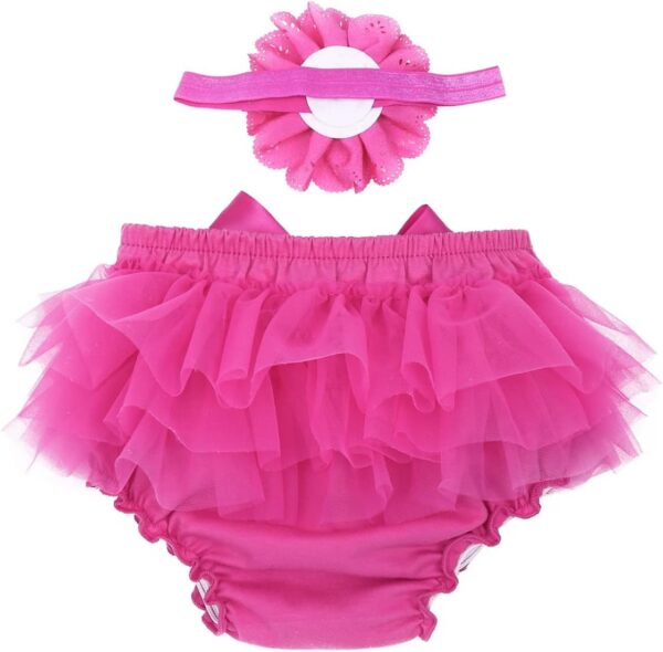 Hansber Infant Baby Girls' Bowknot Ruffle Tulle Bloomers Princess Tutu Skirts Diaper Cover with Flower Headband - Image 2