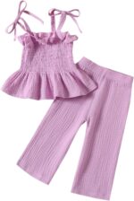 Yanmucy Baby Girl Summer Clothes 2PCS Ruffle Sleeveless Cami Tops and Long Pant Set Toddler Infant Soild Ribbed Outfis