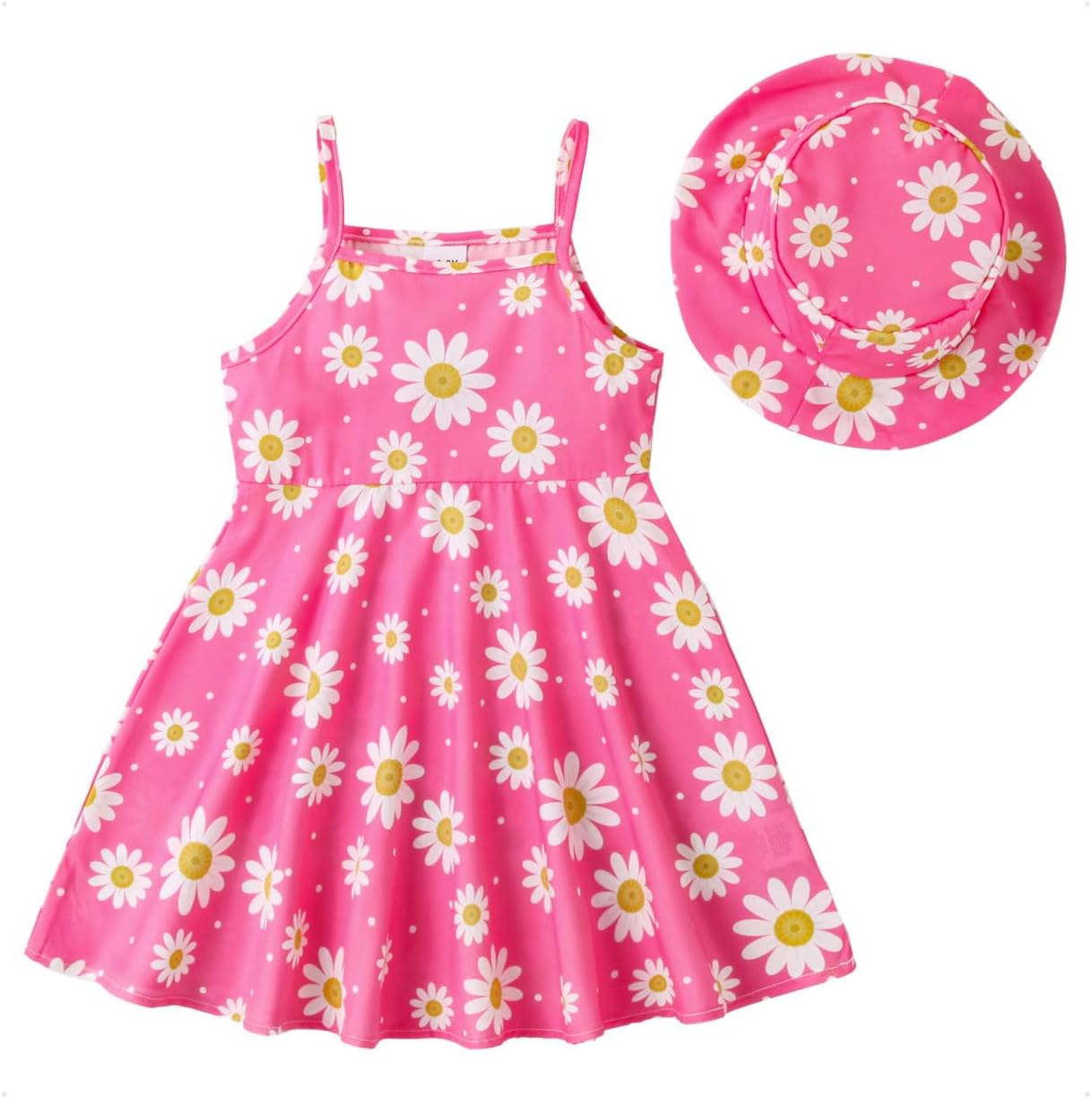 61QIkKuWiuL._AC_SL1300_.jpg KONFEN Baby Girl Toddler Dress - Sleeveless Daisy Dresses with Daisy Hat, Newborn Toddler Flower Floral Dress Set Outfits Spring Summer for 0-3 Years (Green/Pink) - Image 1