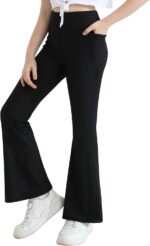 Valcatch Girls Flare Leggings Ribbed Yoga Dance Pants with Pockets High Waist Bell Bottom Trousers Kids Teens Wide Leg Pants Athletic Tights for Casual and Activewear