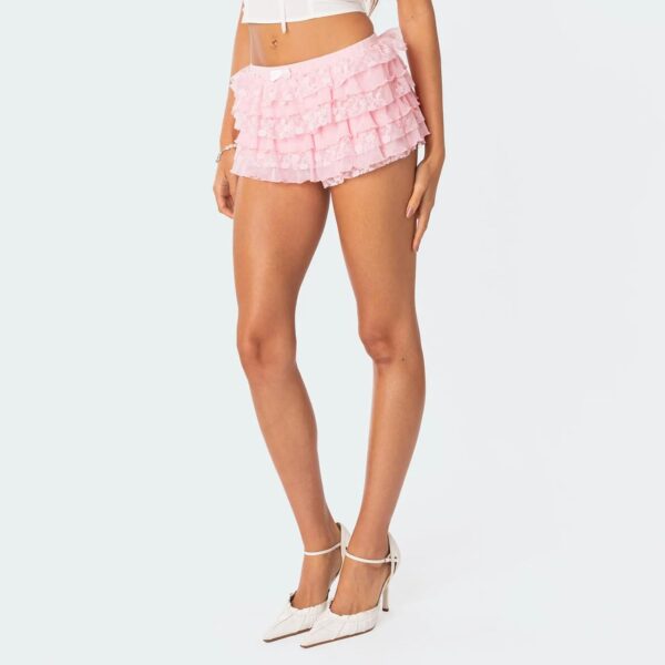 LYSINK Y2K Women's Mini Lace Shorts - Sexy Ruffle Layered Elastic Waist Bow Front Bloomer Shorts in Solid Color - Image 2