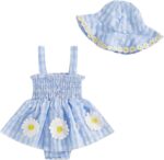 XIXIMAON Baby Girl Summer Outfit Sleeveless Skirt Romper Smocked Camisole Flower Embroidery Stripe Bodysuit with Sunhat Newborn Beach Dress Girls