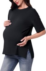Maternity Tops Tshirt Side Split with Zipper Short Sleeves Maternity Wear Clothes Pregnancy Top for Women