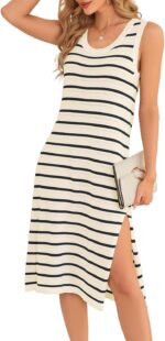Meetjen Women's Summer Sundresses Casual Sleeveless Hollow Out Ribbed Knit Side Slit Striped Midi Tank Beach Dress