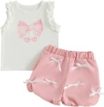 MAHUAOYIXI Toddler Girls Spring Summer Outfits Bow Frill Trim Sleeveless Tank Tops Vest Top Shirts with Elastic Waist Bloomers Shorts Sets 2Pcs Clothes for Little Girls