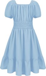 Arshiner Dress Girls Party Dress Elegant Short Sleeve Summer Dresses Children Plain A Line Casual Dress Ruffles Princess Dress Tie Back 122-158