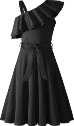 Arshiner Girls Dresses One-Shoulder Kids Dresses Summer Sleeveless Dress Ruffle Neck Elegant Party Festival Dresses Swing with Belt Dress for Girls 5-13 Years
