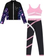 Freebily Kids Girls 3 Piece Yoga Workout Outfits Sleeveless Crop Tank Tops and Leggings Long Sleeve Zipper Sweatshirt - Image 3