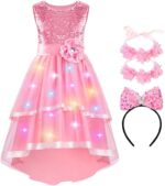 Light up Girls' Sequin Dresses, Sleeveless Princess Flower Dress with Headband for Girls Aged 3 to 12 Year Old, Summer Dress for Party, Prom, Birthday, School