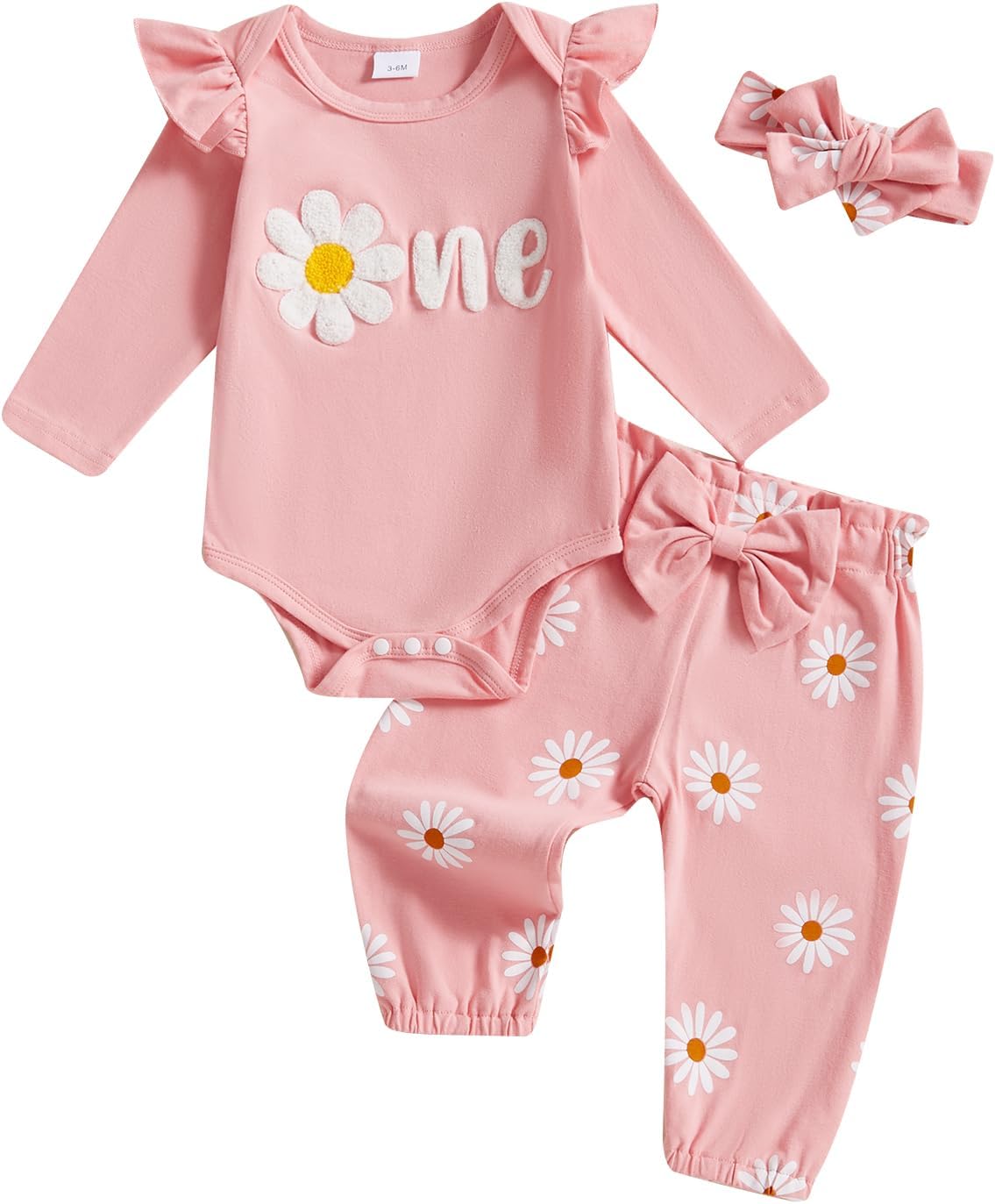 61WXAEZIaOL._AC_SL1500_.jpg Baby Girl 3Pcs 1st Birthday Outfits Letter Embroidery Long Sleeve Romper with Floral Pattern Long Pants Set Headband Toddler Clothes Girls Birthday Gift - Image 1