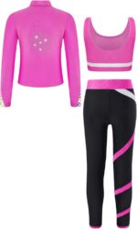 iEFiEL 3Pcs Kids Girls Sports Outfits Sleeveless Crop Top with Athletic Leggings and Long Sleeve Jacket Set Tracksuit - Image 2
