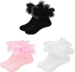 JUPSK Girls White Frilly Socks Kids Ballet Ruffle Lace Cotton Dance Dress Ankle Socks for Toddlers Baby 1-9 Years 3 Pairs