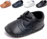 Newborn Baby Boys First Walking Shoes Soft Synthetic Leather Brogue Infant Dress Crib Shoes Black 12-18 Months