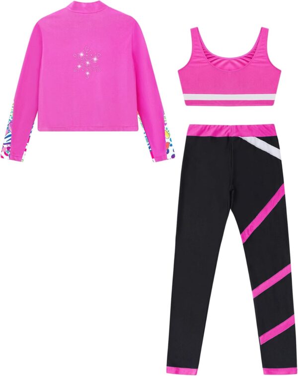 iEFiEL 3Pcs Kids Girls Sports Outfits Sleeveless Crop Top with Athletic Leggings and Long Sleeve Jacket Set Tracksuit - Image 4