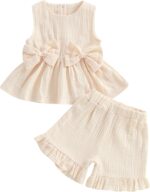Barbotimer Toddler Girl Summer Clothes Linen Frilly Sleeveless Tank Tops Shirt with Bows Ruffle Hem Shorts Solid 2Pcs Casual Set