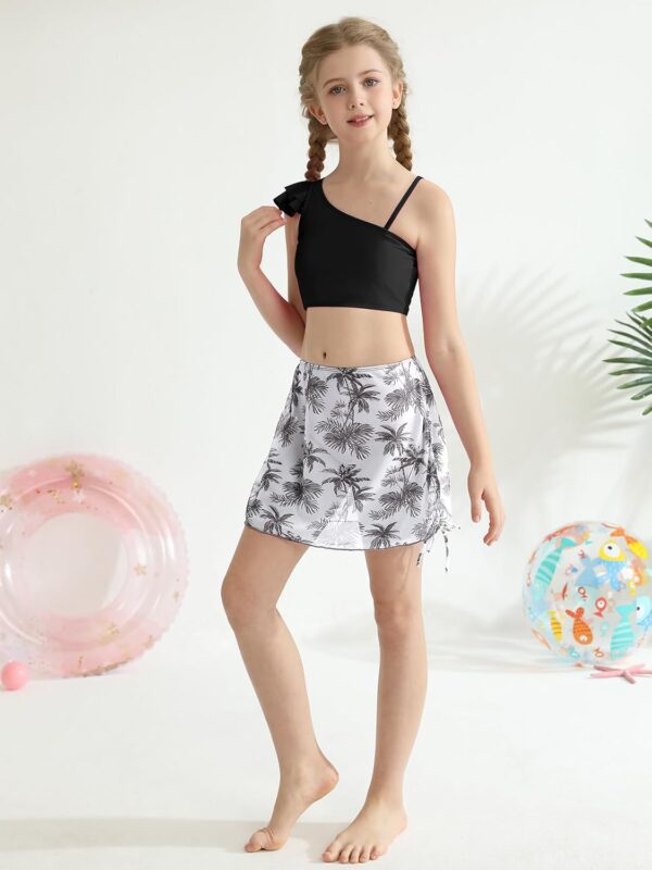 Girls 3 Piece Swimsuits Ruffle Sleeve Bikini Set with Tropical Cover Up Skirts High Waist Bathing Suit Bikini Tops Pants Summer Holiday Beachwear for Kids Teen 9-16 Years - Image 2
