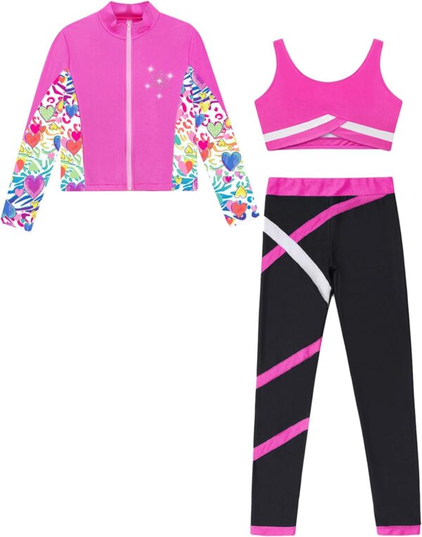 iEFiEL 3Pcs Kids Girls Sports Outfits Sleeveless Crop Top with Athletic Leggings and Long Sleeve Jacket Set Tracksuit - Image 3