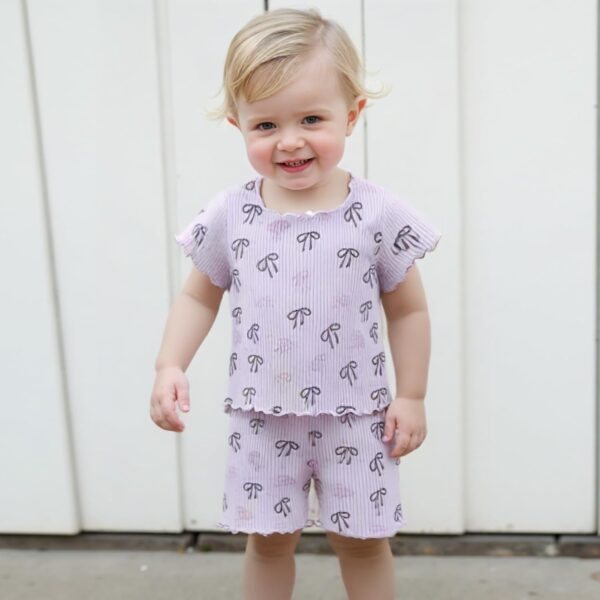 Geagodelia Kid Little Girl Summer Outfit Short Sleeve Bow Print Tops Pullover Elastic Ribbed Shorts Tracksuit Clothes 2Pcs Set - Image 6