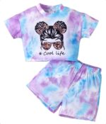 KONFEN Baby Girl Summer Outfits, Tie-dye Short Sleeve Top + Shorts 2PCS Set, Girl Summer Clothes Short Sleeves T Shirt and Shorts Suit Casual Infant Outfit Set for 12 Months - 5 Years Old Girls