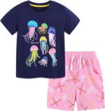 Toddler Girls Summer Short Outfits Clothes Set Kids Cute Unicorn Bunny Rainbow Animal Print Short Sleeve Cotton T-Shirt Tops and Shorts 2 Piece Crewneck Clothing Set Age 1-7 Years Old
