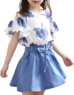Girls Summer Flower Clothes Set Ruffle Sleeve T-Shirts and Mini Skirt 2Pcs Outfits for Age 3-12 Years - Image 6