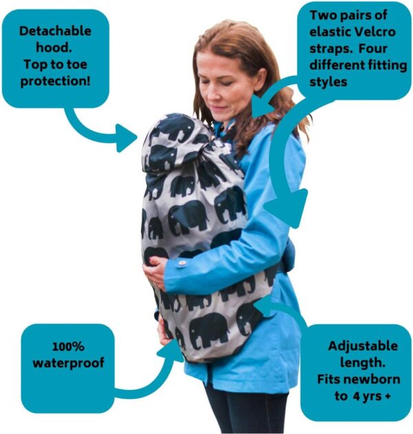 BundleBean - Babywearing Lightweight Raincover (Grey Elephant) - Waterproof & Windproof Baby Carrier, Includes Storage Bag, Silky-Soft Waterproof Fabric, Universal Fit, New Born to 4 Years Old - Image 9