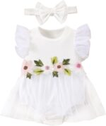 QUNERY Newborn Girl Outfits Ruffled Sleeveless Flower Romper Summer Dress with Headband Clothes Sets