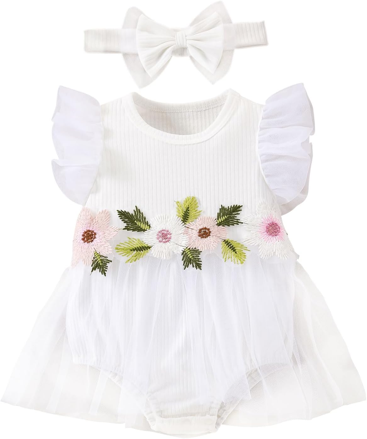 61jHmm68l4L._AC_SL1500_.jpg QUNERY Newborn Girl Outfits Ruffled Sleeveless Flower Romper Summer Dress with Headband Clothes Sets - Image 1