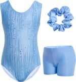 JiAmy Gymnastics Leotards for Girls 3 Piece Set with Shorts and Scrunchie, Patterned Sparkle Sleeveless Dance Gymnastics Outfits for 3-12 Years