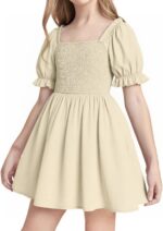 Balipig Girls Dress Puff Short Sleeve Square Neck Summer Dresses Kids Casual Elegant Party A-Line Skirt Clothes for Girl 3-14 Years