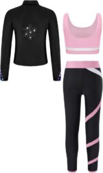 Freebily Kids Girls 3 Piece Yoga Workout Outfits Sleeveless Crop Tank Tops and Leggings Long Sleeve Zipper Sweatshirt - Image 2