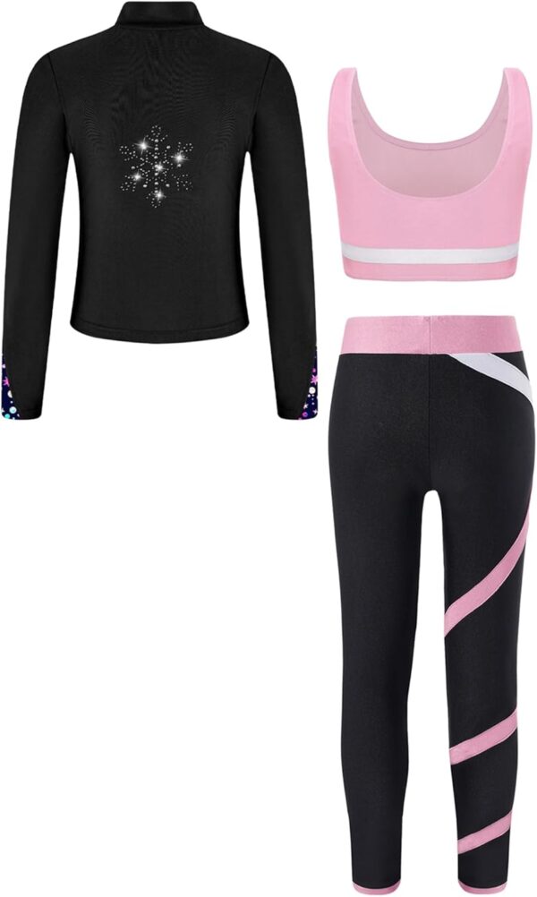 Freebily Kids Girls 3 Piece Yoga Workout Outfits Sleeveless Crop Tank Tops and Leggings Long Sleeve Zipper Sweatshirt - Image 2