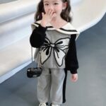 Valcatch Kids Girls Outfits Clothes Set Cute Bowknot Print Contrast color Long Sleeve Cotton Shirt Jumper Pullover Tops Sweatshirt Pants Spring Fall 2 Piece Clothing Set 3-9 Years - Image 4