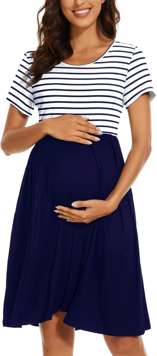 WOOXIO Women's Fashion Short Sleeve Maternity Dress with Pockets Patchwork Pregnancy Clothes - Image 3