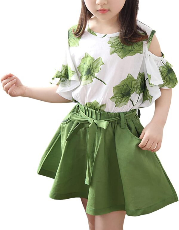 Girls Summer Flower Clothes Set Ruffle Sleeve T-Shirts and Mini Skirt 2Pcs Outfits for Age 3-12 Years - Image 6