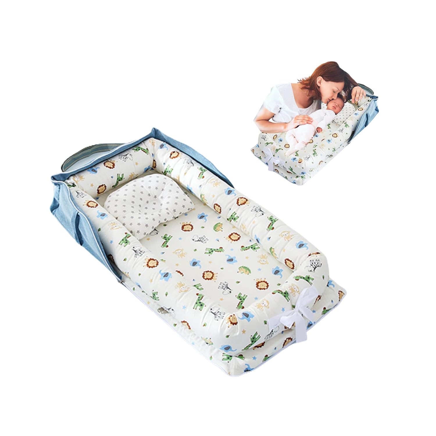 61mC13LaEwL._SL1500_.jpg Baby Lounger with Pillow,Baby Lounger for Newborn Portable,Baby Nest Cosleeping for Baby in Bed Adjustable Size & Strong Zipper Lengthen Space to 24 Months(Animal World Blue) - Image 1