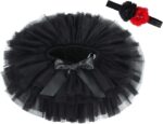 Eledobby Baby Girls Tutu Skirt with Diaper Cover 2 Pieces Newborn Pleated Tulle Skirts Headband Set Layered Bloomers Toddler Clothes for Birthday Photography Black 1-2 Years - Image 2