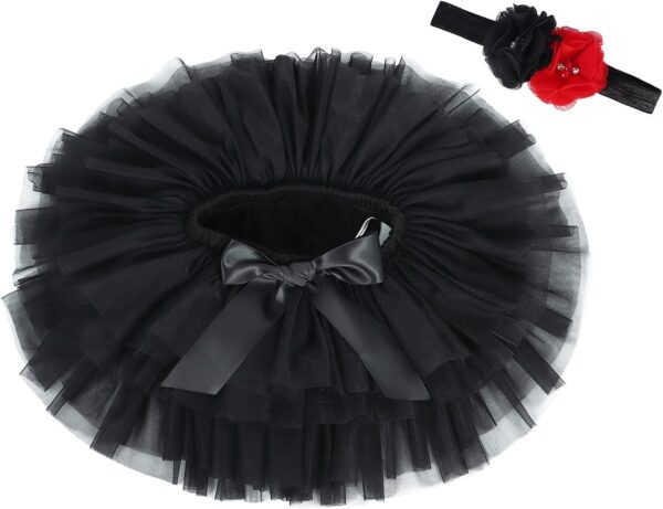Eledobby Baby Girls Tutu Skirt with Diaper Cover 2 Pieces Newborn Pleated Tulle Skirts Headband Set Layered Bloomers Toddler Clothes for Birthday Photography Black 1-2 Years - Image 2