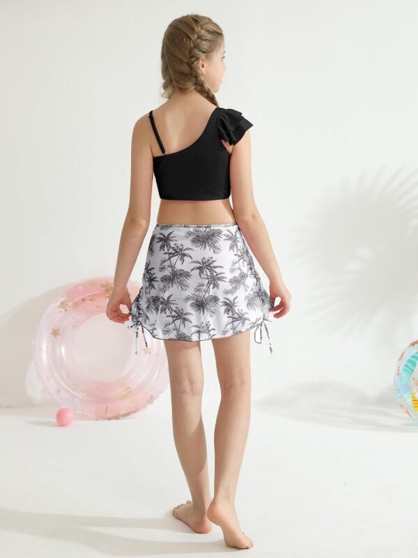 Girls 3 Piece Swimsuits Ruffle Sleeve Bikini Set with Tropical Cover Up Skirts High Waist Bathing Suit Bikini Tops Pants Summer Holiday Beachwear for Kids Teen 9-16 Years - Image 5