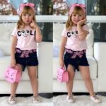 Baby Kid Girl Summer Letter Printed T Shirt Tops+ Jeans Shorts Bloomers +Headband 3 Pieces Set Outfit Clothes Set Cotton Elastic Loungewear Lounge Suit Sleepwear 1-5 Years - Image 4