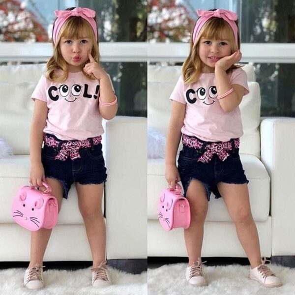 Baby Kid Girl Summer Letter Printed T Shirt Tops+ Jeans Shorts Bloomers +Headband 3 Pieces Set Outfit Clothes Set Cotton Elastic Loungewear Lounge Suit Sleepwear 1-5 Years - Image 4