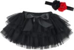 Eledobby Baby Girls Tutu Skirt with Diaper Cover 2 Pieces Newborn Pleated Tulle Skirts Headband Set Layered Bloomers Toddler Clothes for Birthday Photography Black 1-2 Years