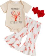 Newborn Baby Girl Clothes Set Mommy's Little Lobster Romper Crawfish Flare Pant Bell Bottom Headband Set 3 Piece Summer Outfit