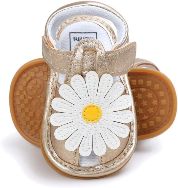 FANSU Summer Baby Sandals, Simple Fower Style Comfortable Toddler Princess Infant Baby Sandals Newborn Shoes for 0-18 Months Anti-Slip Soft Sole Velcro First Walking Shoes (11cm / 3-6 month,Gold) - Image 3