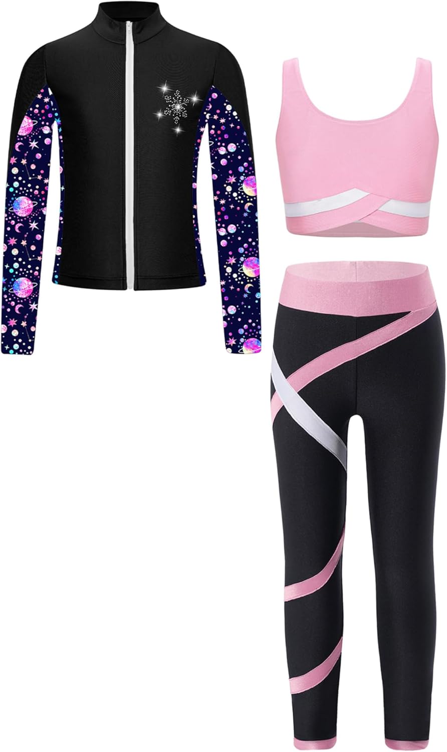 61pDnl9cIeL._AC_SL1500_.jpg Freebily Kids Girls 3 Piece Yoga Workout Outfits Sleeveless Crop Tank Tops and Leggings Long Sleeve Zipper Sweatshirt - Image 1