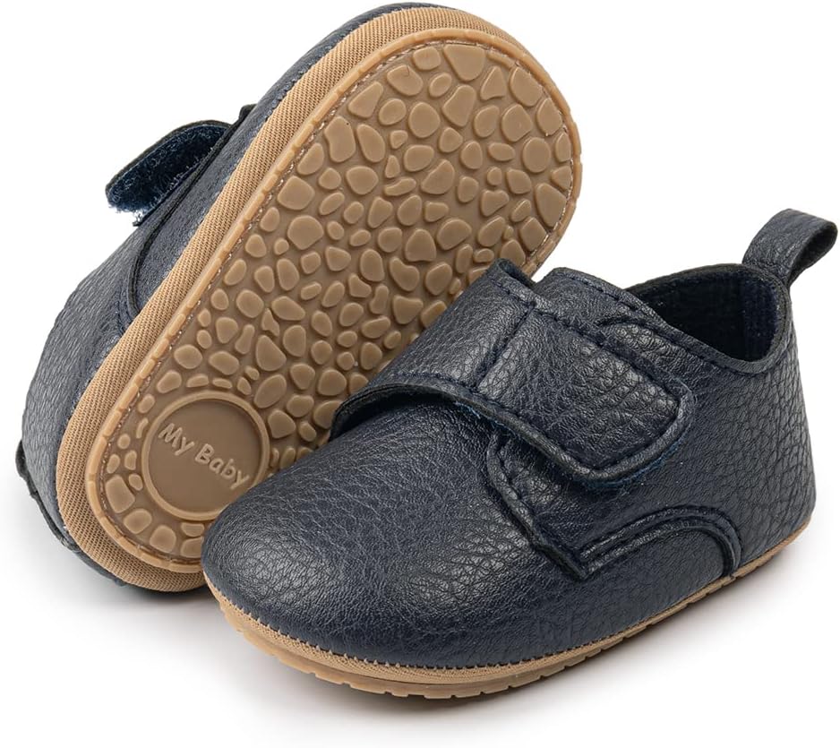 61pkpcn4JiL._AC_SL1200_.jpg HsdsBebe Baby Boys Girls Oxford Shoes PU Leather Soft Rubber Sole Sneakers Anti-Slip Toddler Ankle Boots Infant Walking Shoes Moccasins, B/Navy Blue, 12-18 Months - Image 1